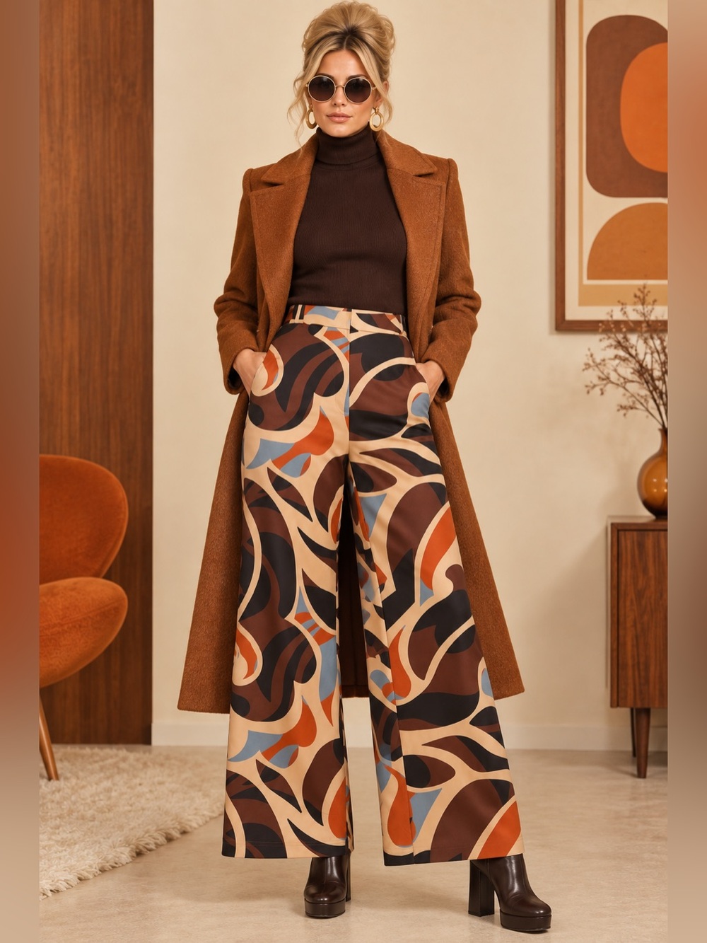 House of Harlow 1960s Satin Retro Psychedelic Wide Leg Palazzo Pants Size M